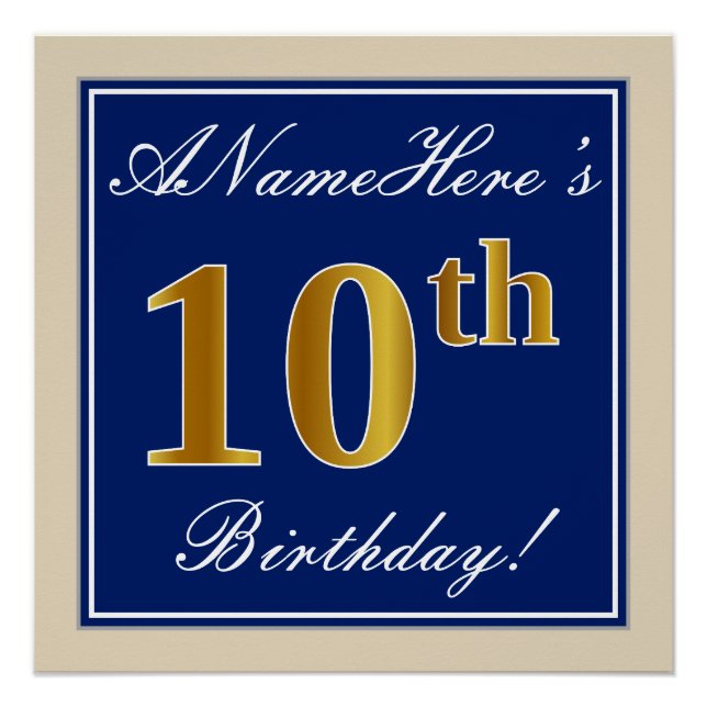 Poster Elégant, Bleu, Faux Or 10ème Anniversaire + Nom (Devant)