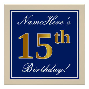 Poster Elégant, Bleu, Faux Or 15ème Anniversaire + Nom