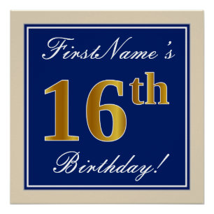 Poster Elégant, Bleu, Faux Or 16ème Anniversaire + Nom