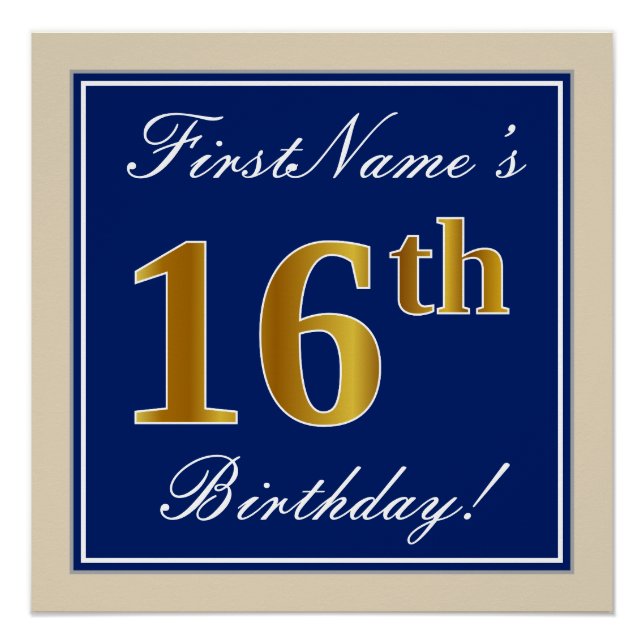 Poster Elégant, Bleu, Faux Or 16ème Anniversaire + Nom (Devant)