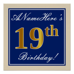 Poster Elégant, Bleu, Faux Or 19ème Anniversaire + Nom