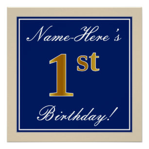 Poster Elégant, Bleu, Faux Or 1er Anniversaire ; Nom pers