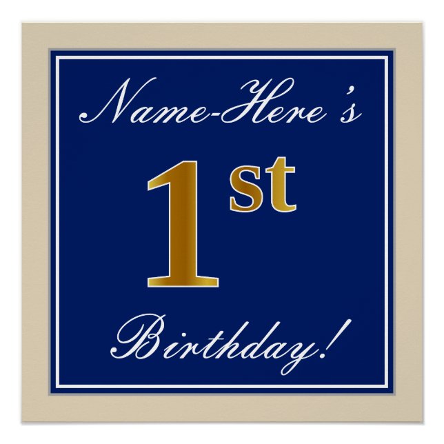Poster Elégant, Bleu, Faux Or 1er Anniversaire ; Nom pers (Devant)