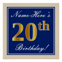 Elégant, Bleu, Faux Or 20ème Anniversaire + Nom