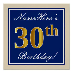 Poster Elégant, Bleu, Faux Or 30ème Anniversaire + Nom
