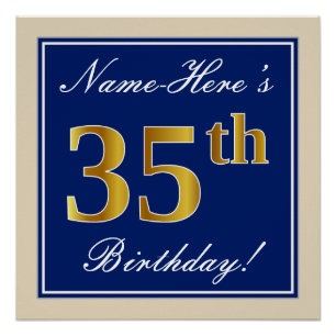Poster Elégant, Bleu, Faux Or 35ème Anniversaire + Nom
