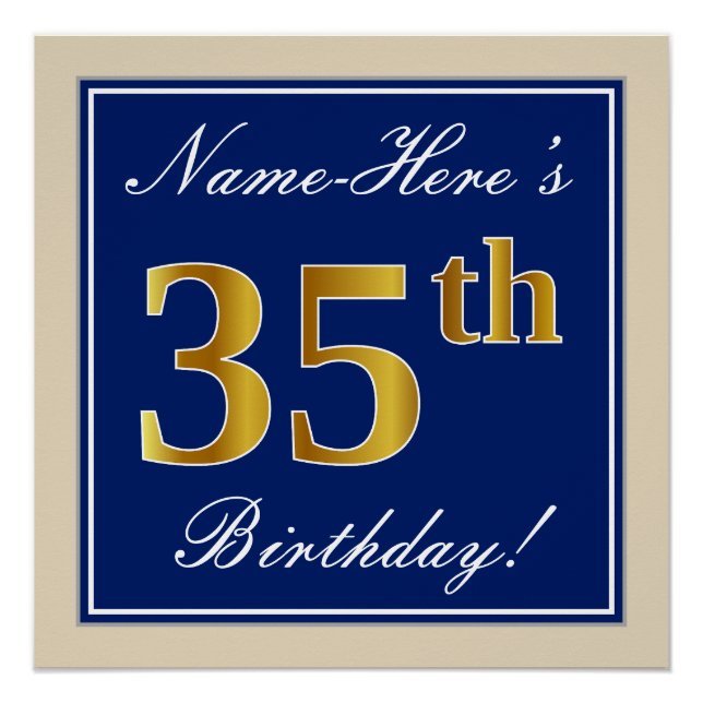 Poster Elégant, Bleu, Faux Or 35ème Anniversaire + Nom (Devant)