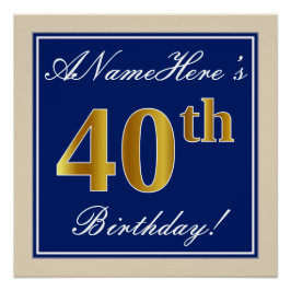 Poster Elégant, Bleu, Faux Or 40ème Anniversaire + Nom