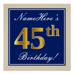 Poster Elégant, Bleu, Faux Or 45ème Anniversaire + Nom