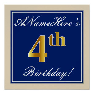 Poster Elégant, Bleu, Faux Or 4ème Anniversaire; Nom pers