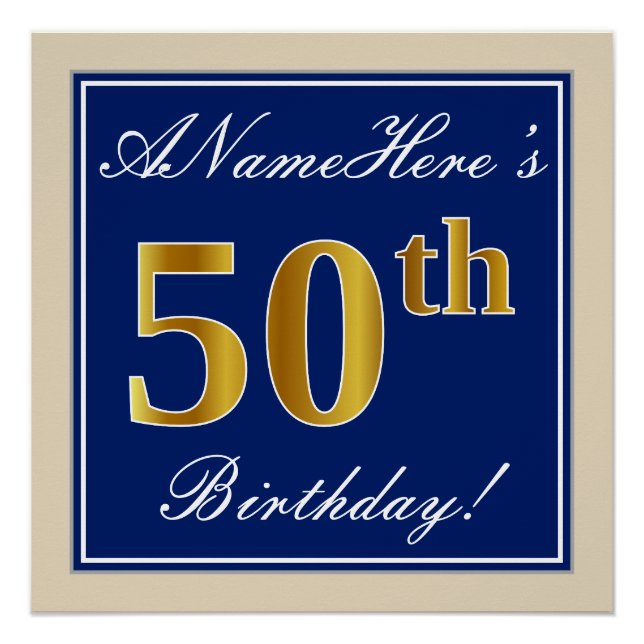 Poster Elégant, Bleu, Faux Or 50ème Anniversaire + Nom (Devant)
