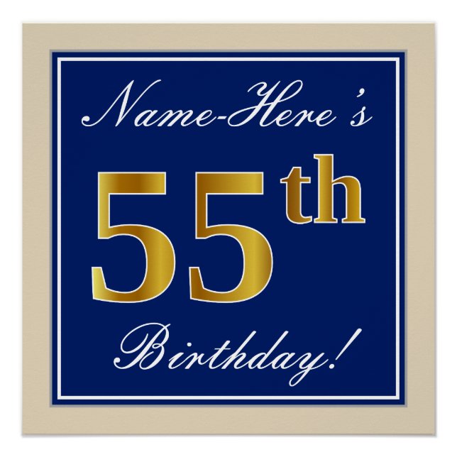 Poster Elégant, Bleu, Faux Or 55ème Anniversaire + Nom (Devant)