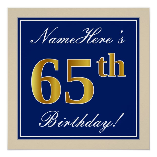 Poster Elégant, Bleu, Faux Or 65ème Anniversaire + Nom (Devant)