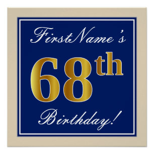 Poster Elégant, Bleu, Faux Or 68ème Anniversaire + Nom