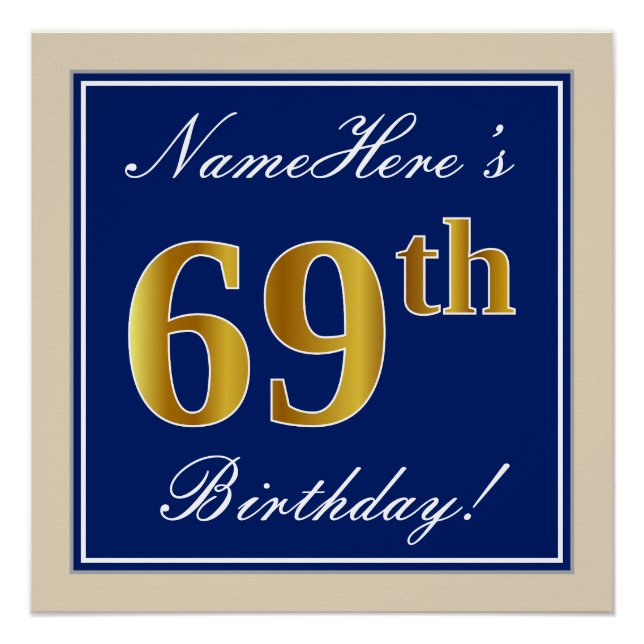 Poster Elégant, Bleu, Faux Or 69ème Anniversaire + Nom (Devant)