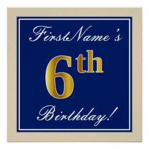 Poster Elégant, Bleu, Faux Or 6e anniversaire; Nom person