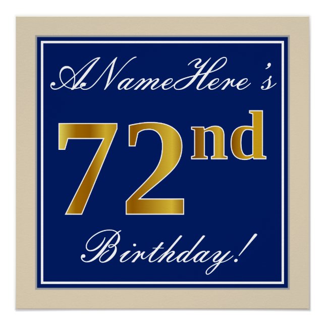 Poster Elégant, Bleu, Faux Or 72ème Anniversaire + Nom (Devant)