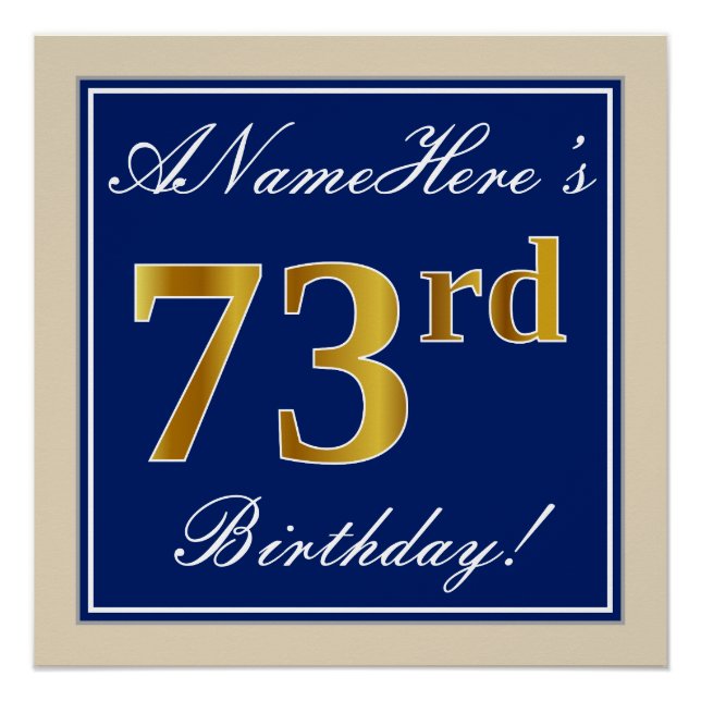 Poster Elégant, Bleu, Faux Or 73ème Anniversaire + Nom (Devant)