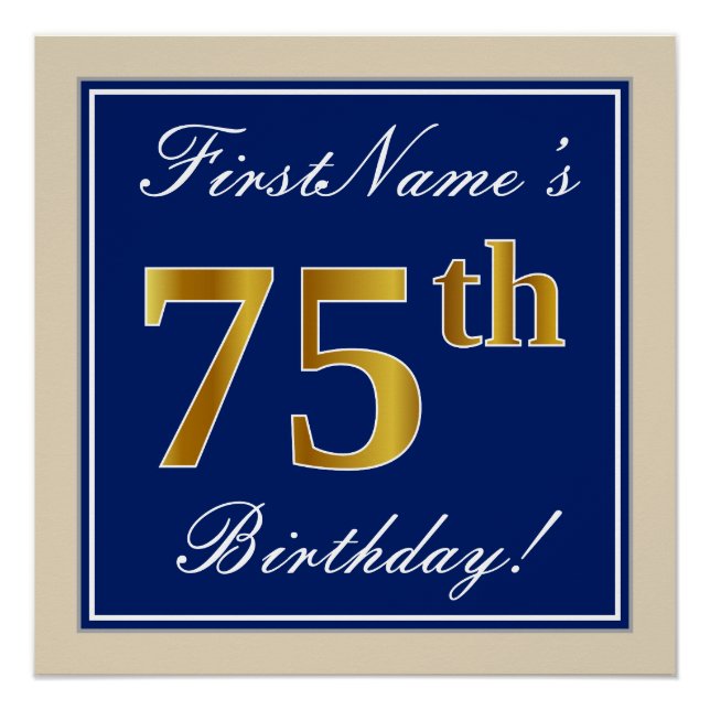 Poster Elégant, Bleu, Faux Or 75ème Anniversaire + Nom (Devant)
