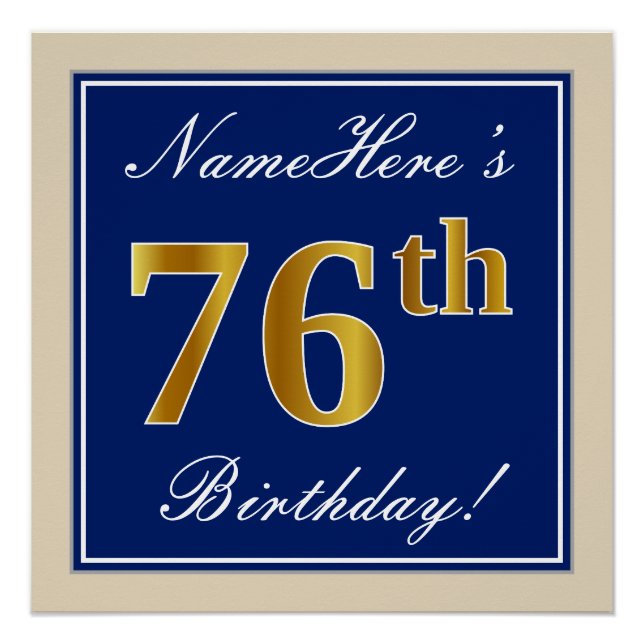 Poster Elégant, Bleu, Faux Or 76ème Anniversaire + Nom (Devant)