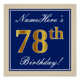 Poster Elégant, Bleu, Faux Or 78ème Anniversaire + Nom