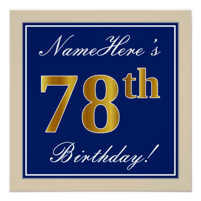 Poster Elégant, Bleu, Faux Or 78ème Anniversaire + Nom (Devant)