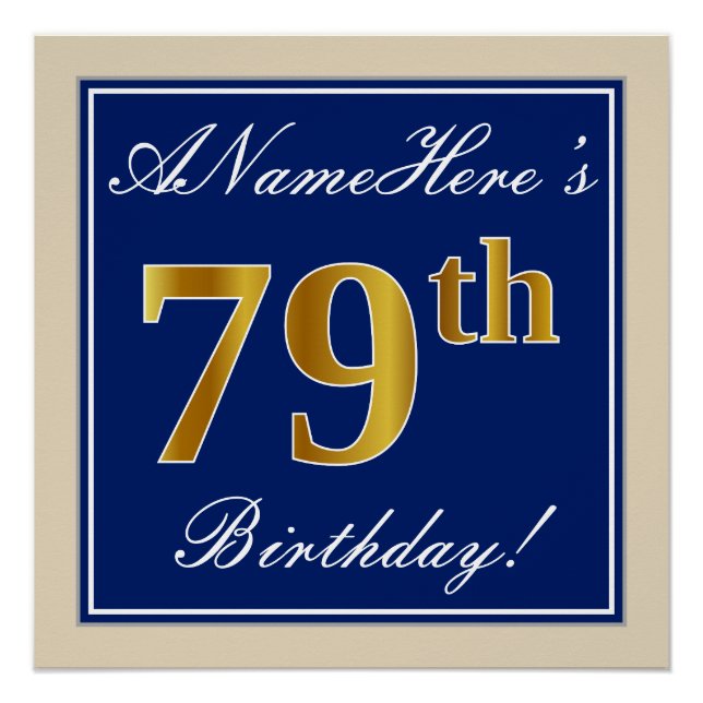 Poster Elégant, Bleu, Faux Or 79ème Anniversaire + Nom (Devant)