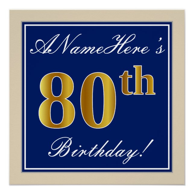 Poster Elégant, Bleu, Faux Or 80ème Anniversaire + Nom (Devant)