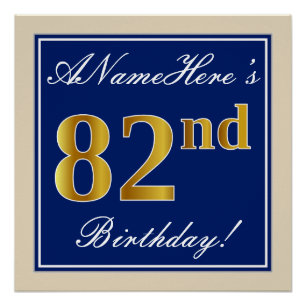 Poster Elégant, Bleu, Faux Or 82ème Anniversaire + Nom