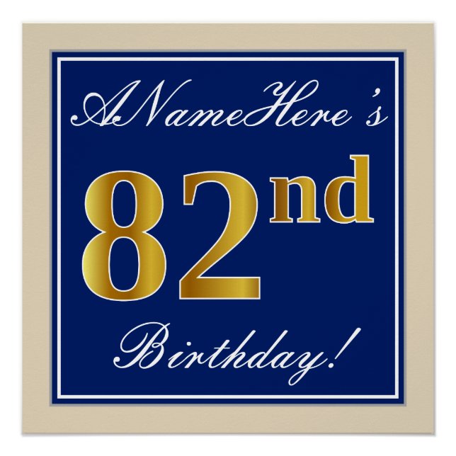 Poster Elégant, Bleu, Faux Or 82ème Anniversaire + Nom (Devant)