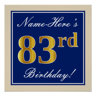 Poster Elégant, Bleu, Faux Or 83ème Anniversaire + Nom