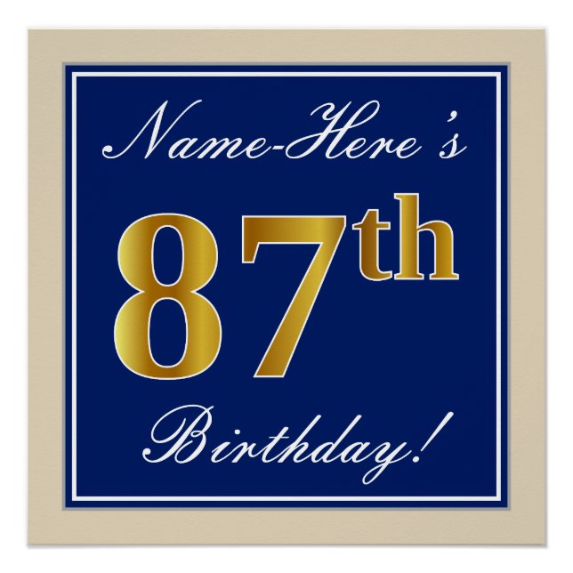 Poster Elégant, Bleu, Faux Or 87ème Anniversaire + Nom (Devant)