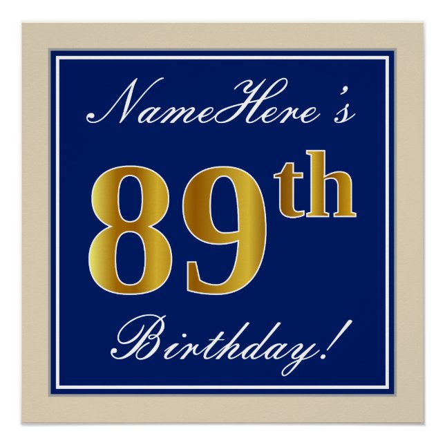 Poster Elégant, Bleu, Faux Or 89ème Anniversaire + Nom (Devant)