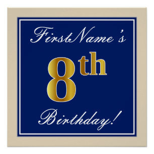 Poster Elégant, Bleu, Faux Or 8e anniversaire; Nom person