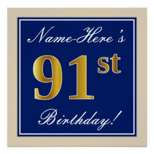 Poster Elégant, Bleu, Faux Or 91ème Anniversaire + Nom