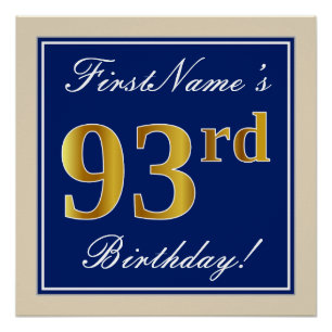 Poster Elégant, Bleu, Faux Or 93ème Anniversaire + Nom