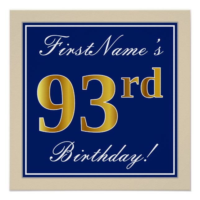 Poster Elégant, Bleu, Faux Or 93ème Anniversaire + Nom (Devant)