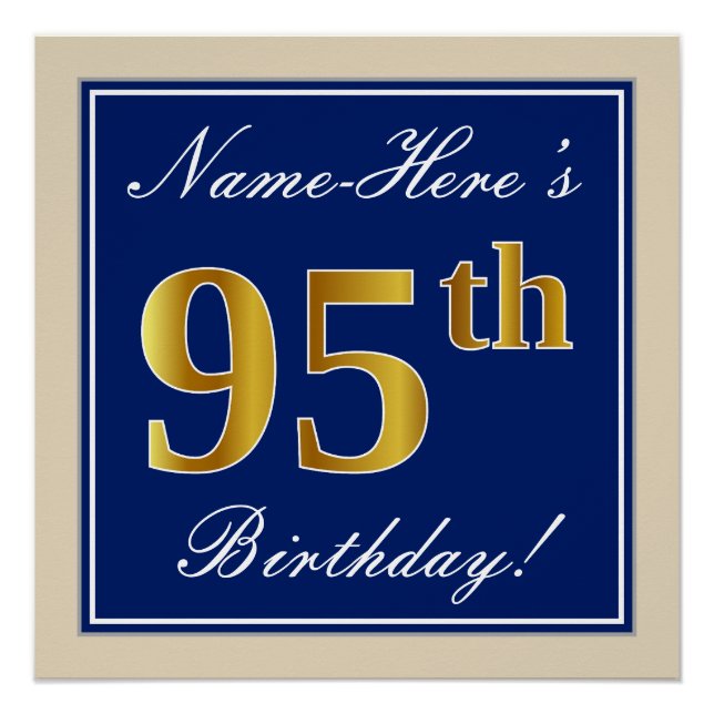 Poster Elégant, Bleu, Faux Or 95ème Anniversaire + Nom (Devant)