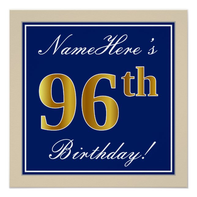 Poster Elégant, Bleu, Faux Or 96ème Anniversaire + Nom (Devant)