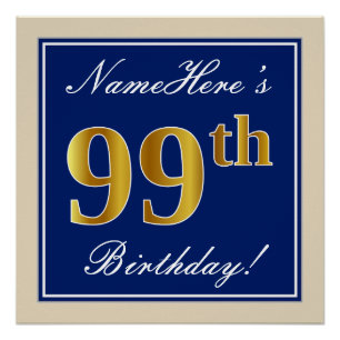 Poster Elégant, Bleu, Faux Or 99ème Anniversaire + Nom