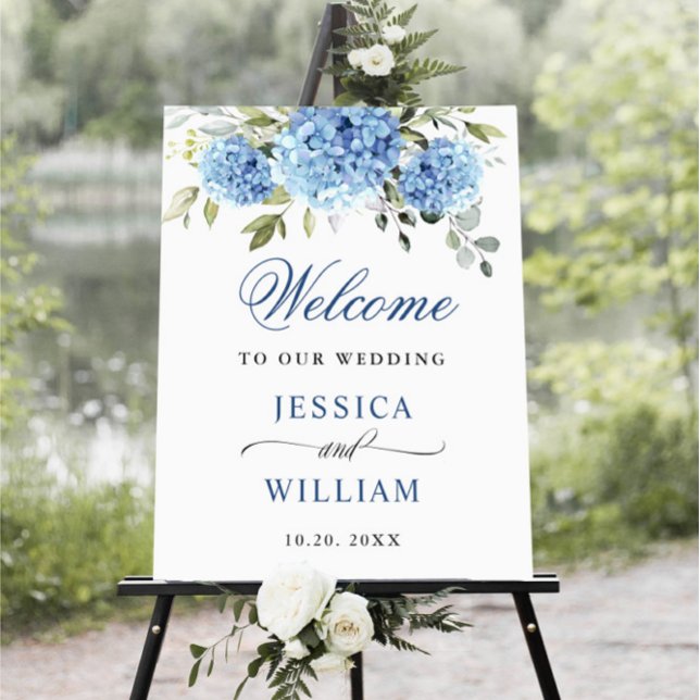 Poster Elégant bleu Hydrangea Eucalyptus Mariage Bienvenu (Créateur téléchargé)