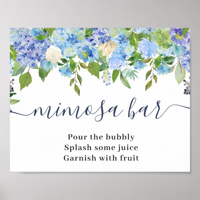 Poster Élégant Bleu Hydrangea Mimosa Bar Mariage (Devant)