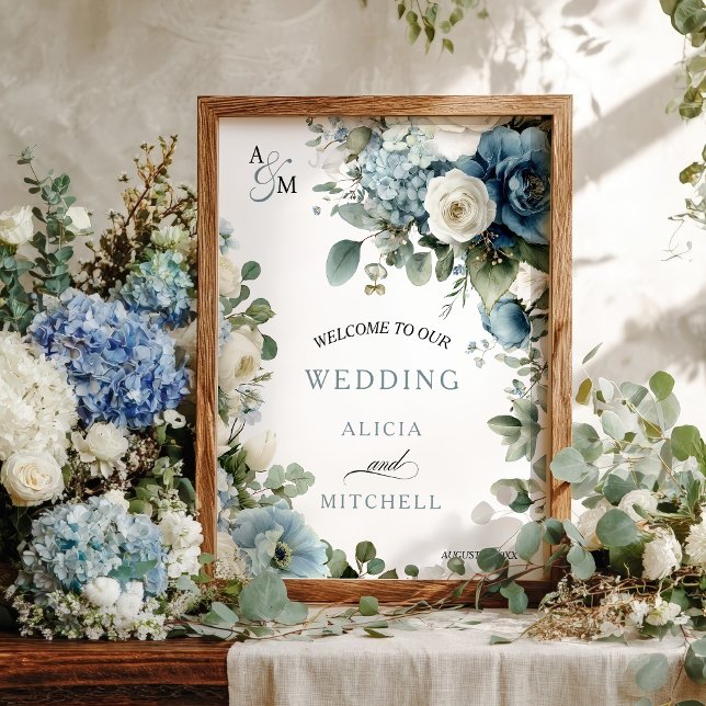 Poster Elégant bleu Hydrangea Rose ivoire Mariage floral (Elegant Blue Hydrangea Ivory Rose Floral Wedding Poster)