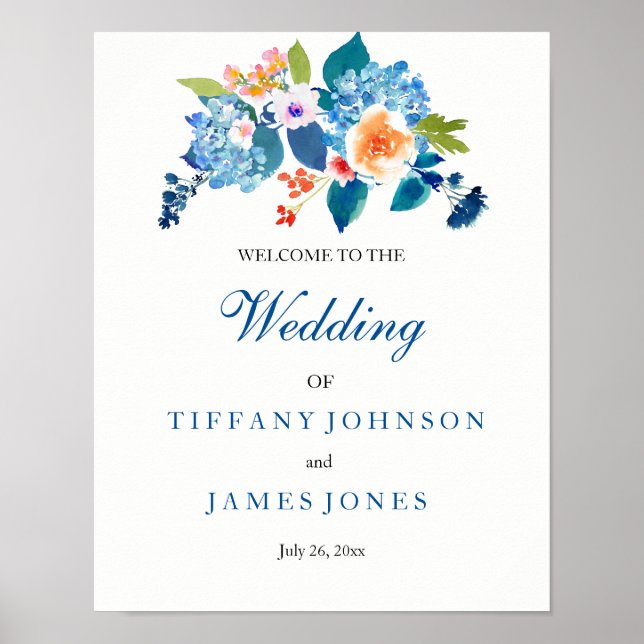 Poster Elégant Bleu & Pêcher Floral Mariage Weclome Poste (Devant)