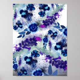 Poster Elégant bleu violet Fleurs de peinture Motif