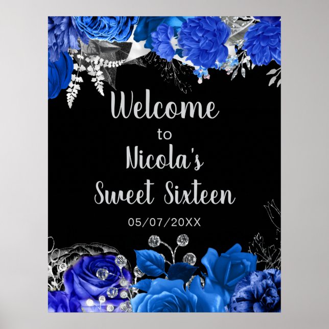 Poster Elegant Blue and Silver Flowers Sweet Sixteen  (Devant)