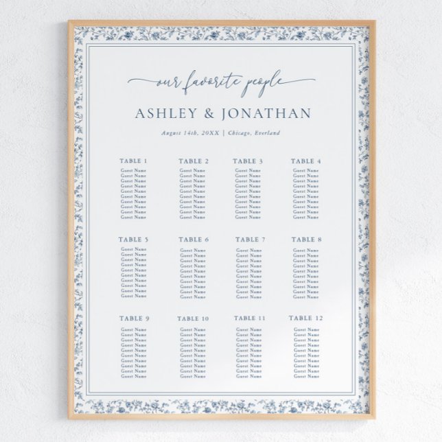 Poster Elegant Blue Chinoiserie Wedding Seating Chart (Créateur téléchargé)