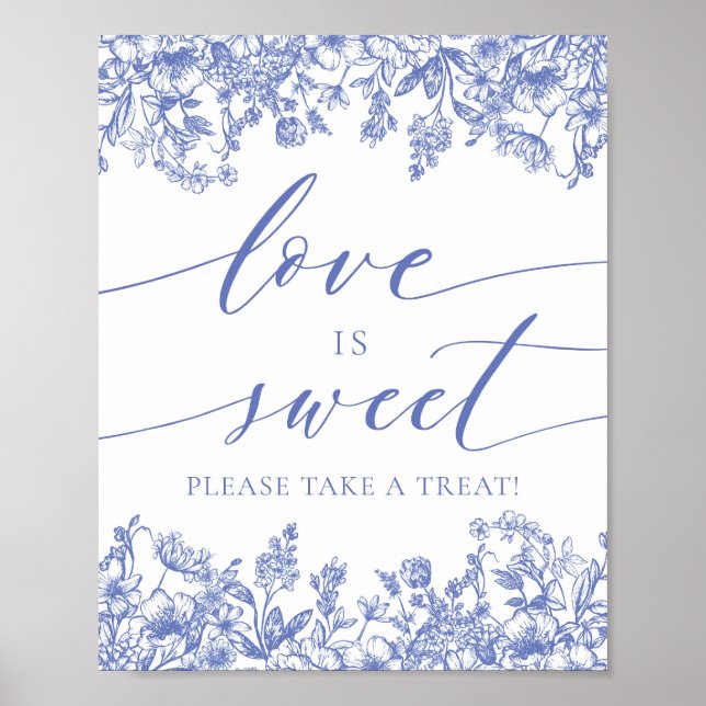 Poster Élégant Blue Floral Love is Sweet Treat Favoriser  (Devant)