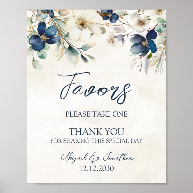 Poster Elegant Blue Floral Winter Wedding Favors Sign (Devant)