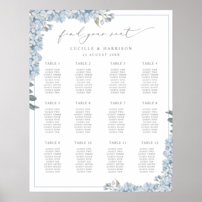 Poster Elégant Blue Hydrangeas Mariage Plan de siège (Devant)
